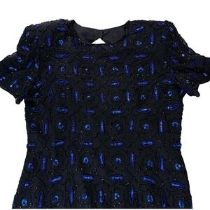Vintage Black Beaded Dress Blue Sequin Party Cocktail Short Sleeve Dress Small